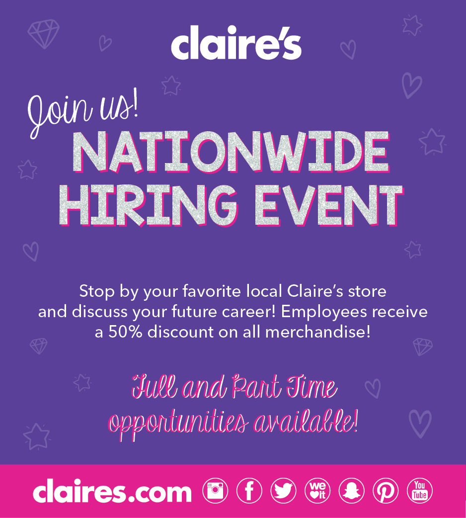 flyer for claire's nationwide hiring event just text with pattern